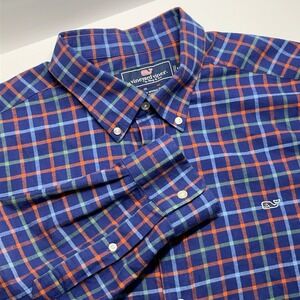 Vineyard Vines Shirt Mens XXL Blue Plaid Flannel Slim Fit Whale Logo Preppy